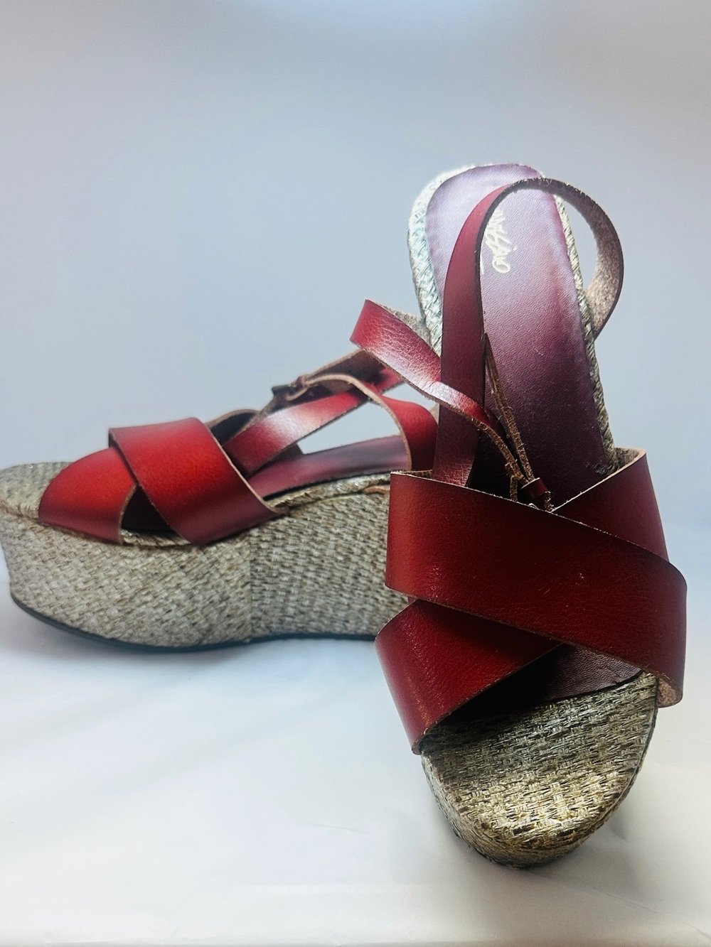 Red Leather Crisscross Espadrille Wedge Sandals